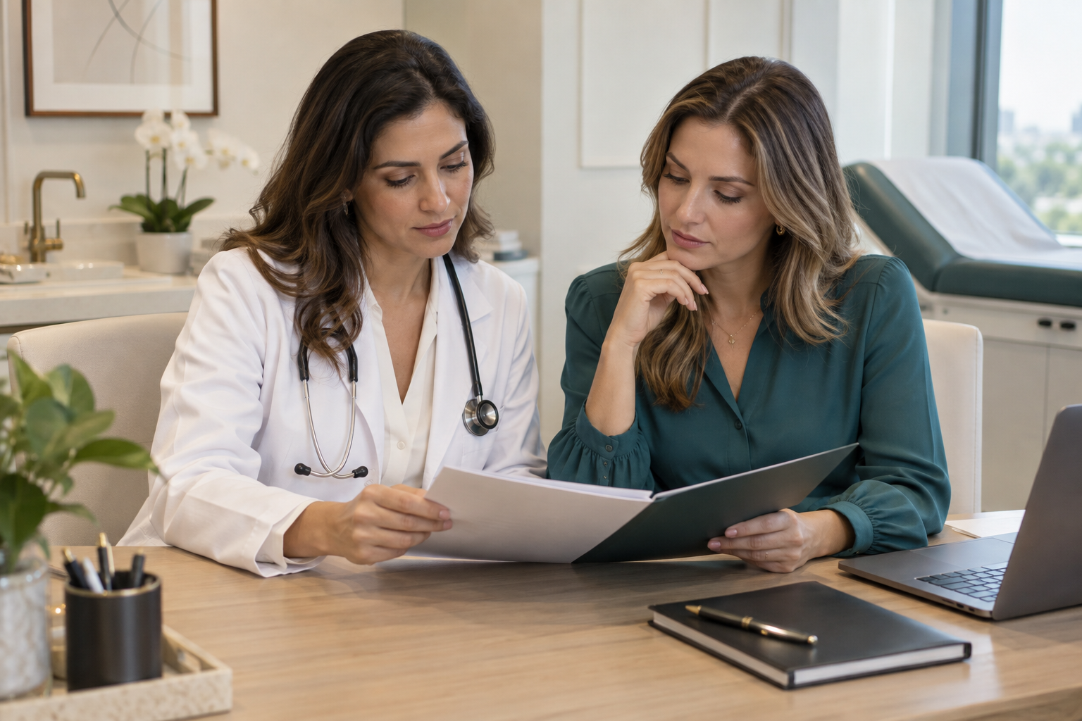 Médica e consultora revisando documentos em um consultório